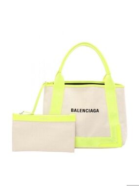 Balenciaga Beige Canvas Tote with Neon Yellow Trim